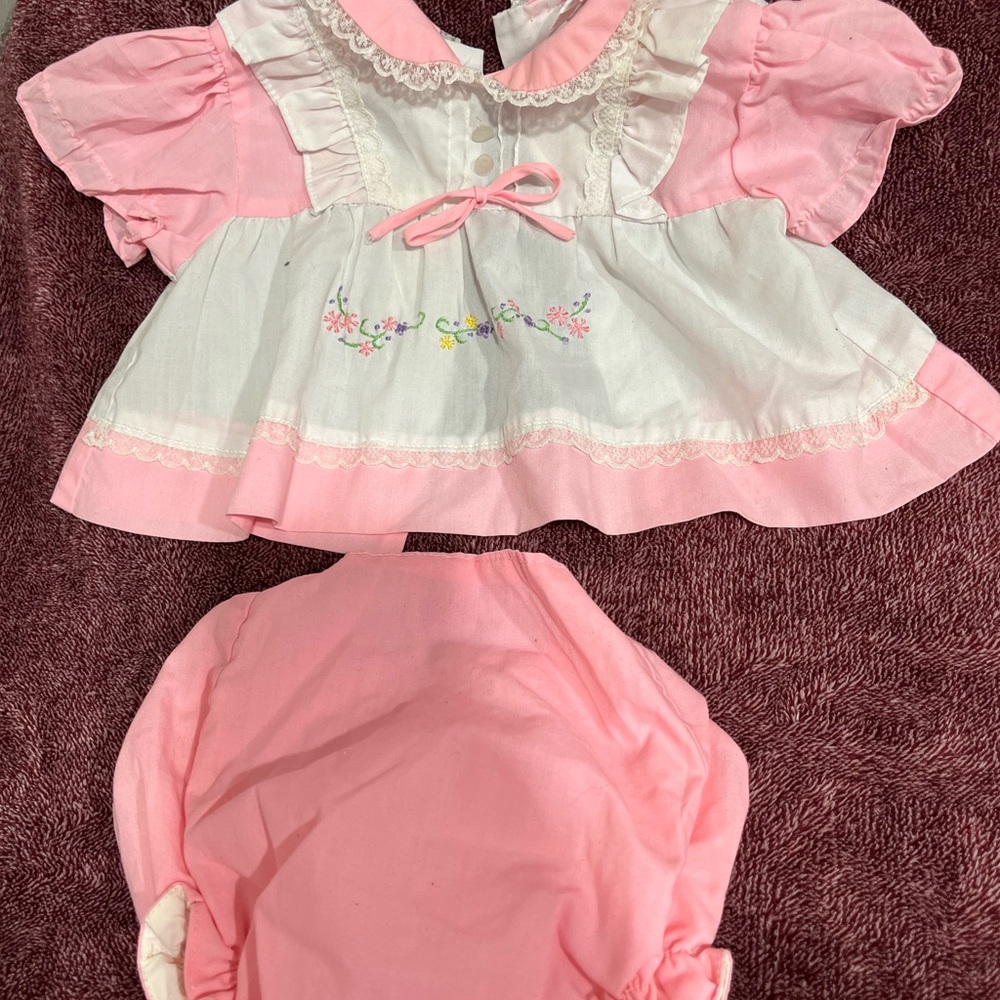 Vintage Pink and White Baby Dress Set with Floral Embroidery